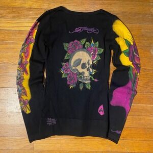Ed Hardy Christian Audigier Skull Rose Tattoo Graphic V-Neck Sweater Black XS